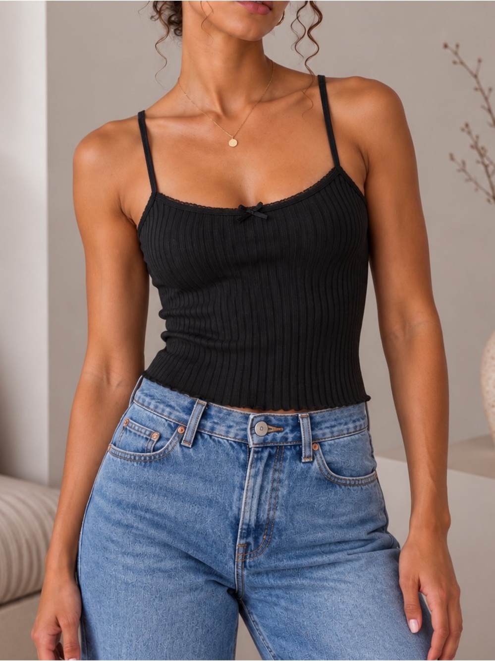 Zara Black Ribbed Spaghetti-Strap Crop Camisole